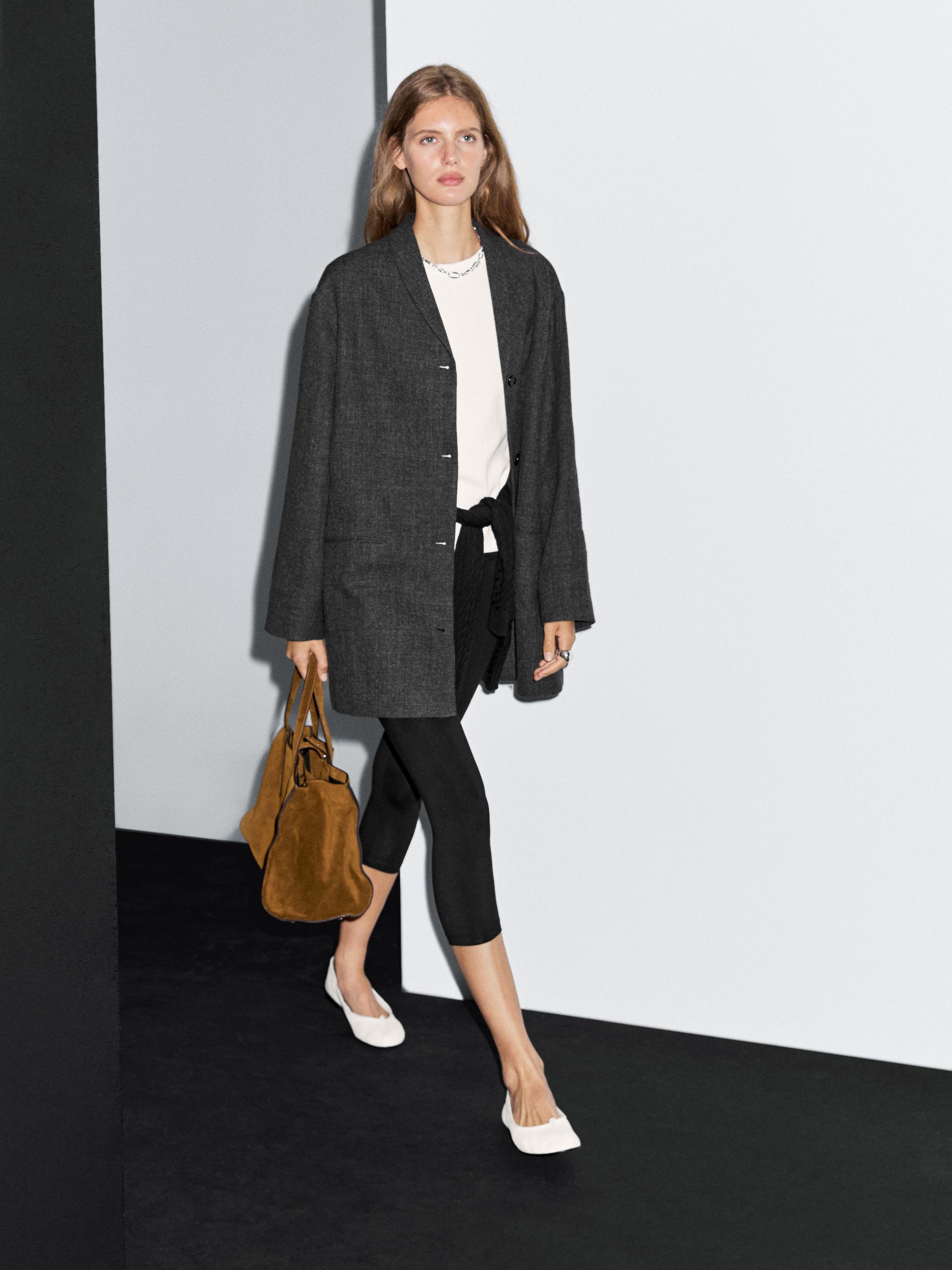 Mid-length wool blend coat with lapel collar